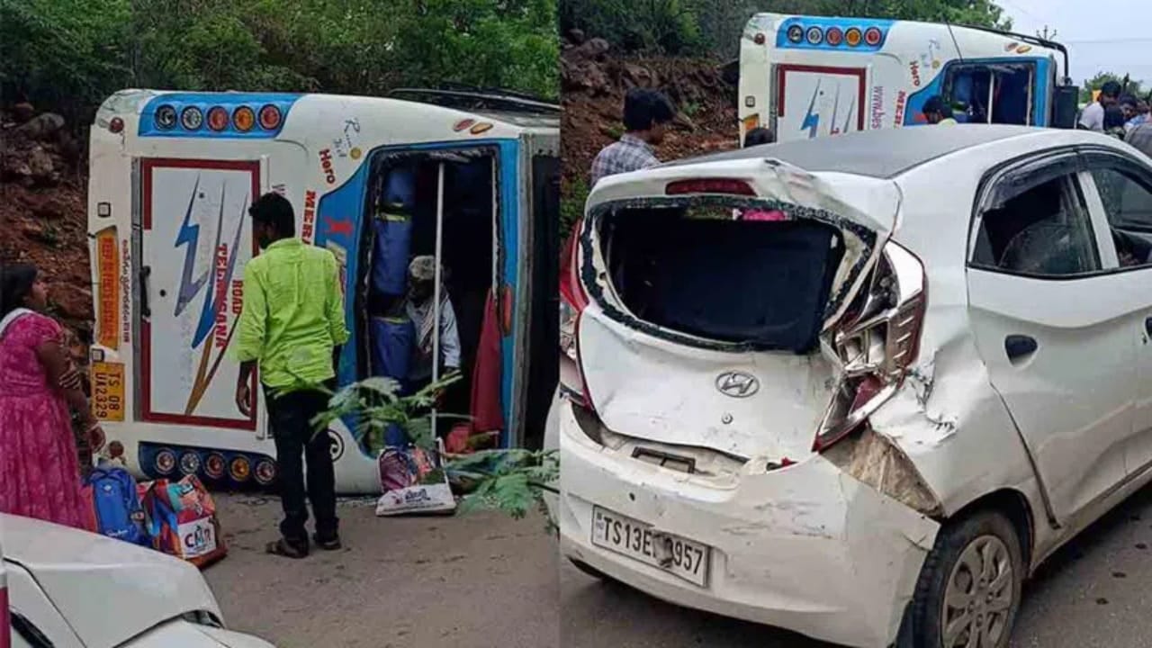Bus Accident: శ్రీశైలం ఘాట్ రోడ్డులో బస్సు బోల్తా